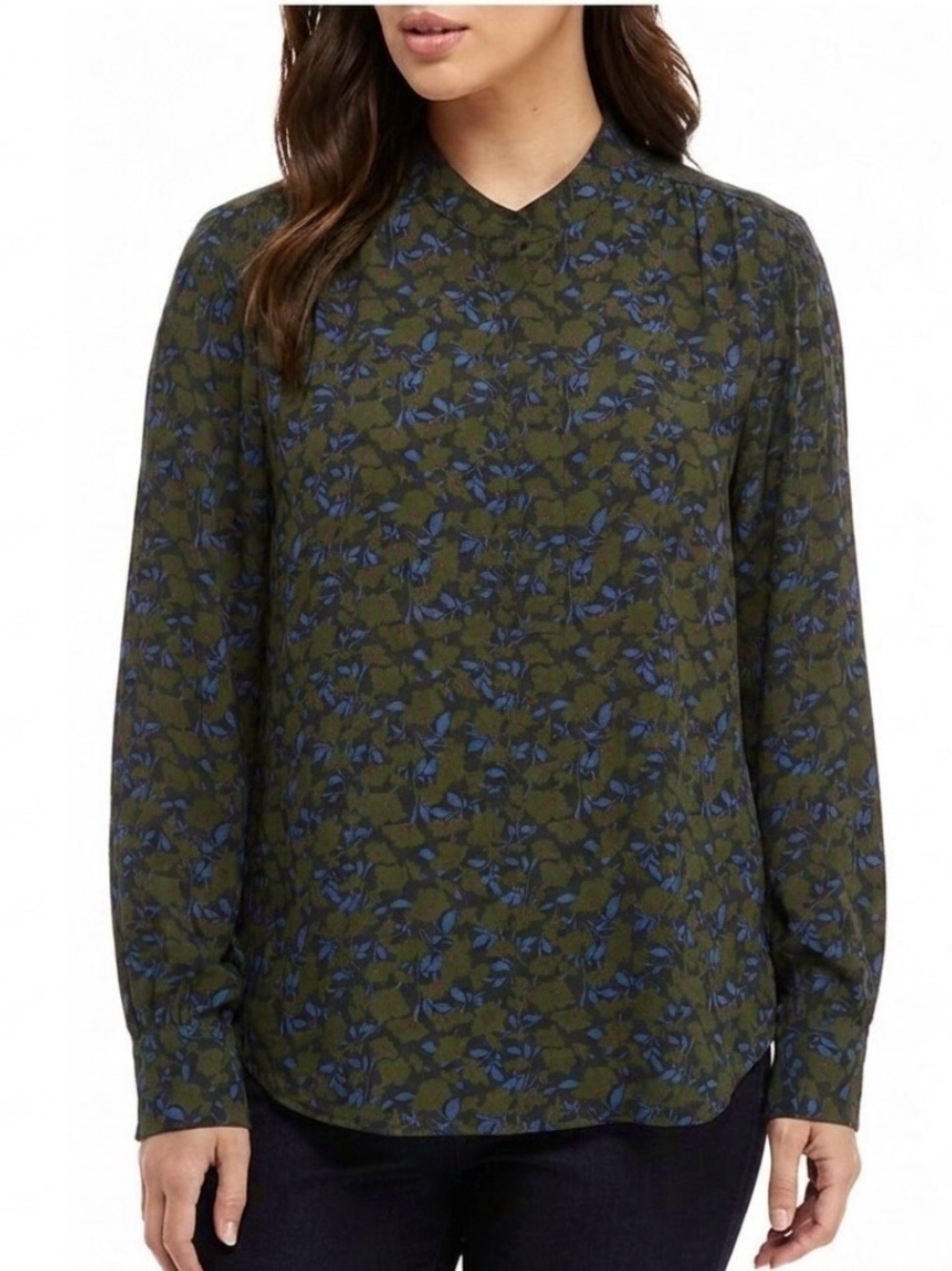 Lark & Ro Floral Mandarin Collar Button Down Shirt Size 10 Long Balloon Sleeve